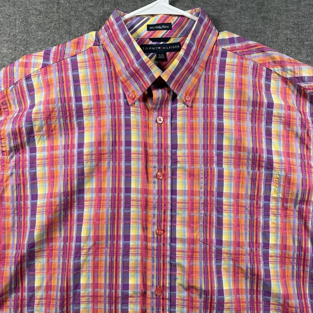 Vintage 2004 Tommy Hilfiger Shirt Mens XL Madras Plaid Short Sleeve 80s 2 Ply